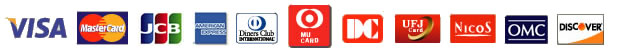 VISA、MasterCard、JCB、AMERICAN EXPRESS、Diners、MUFG CARD、DC、UFJ Card、NICOS、OMC、DISCOVER